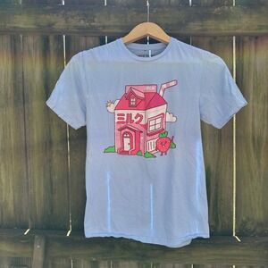 Hot Topic Strawberry Milk Carton‎ House Graphic T Shirt Kawaii Blue Unisex Small